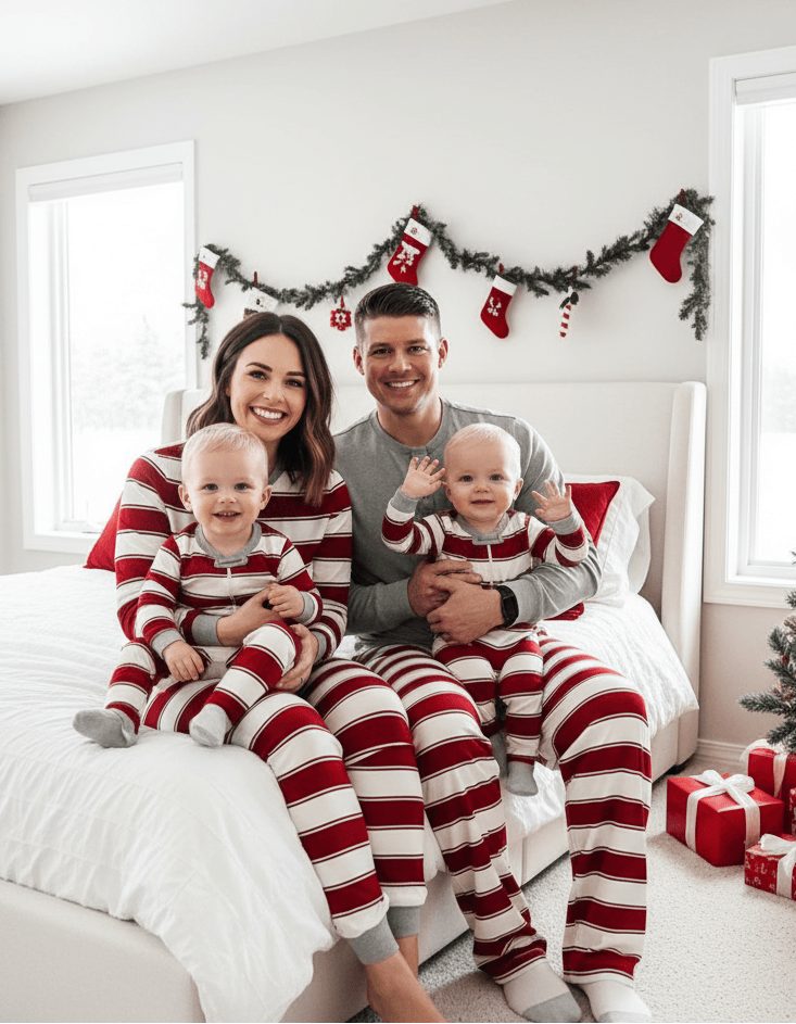 Red and white striped family matching Christmas pajamas with gray cuffs - view 5