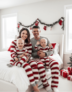 Red and white striped family matching Christmas pajamas with gray cuffs - view 5