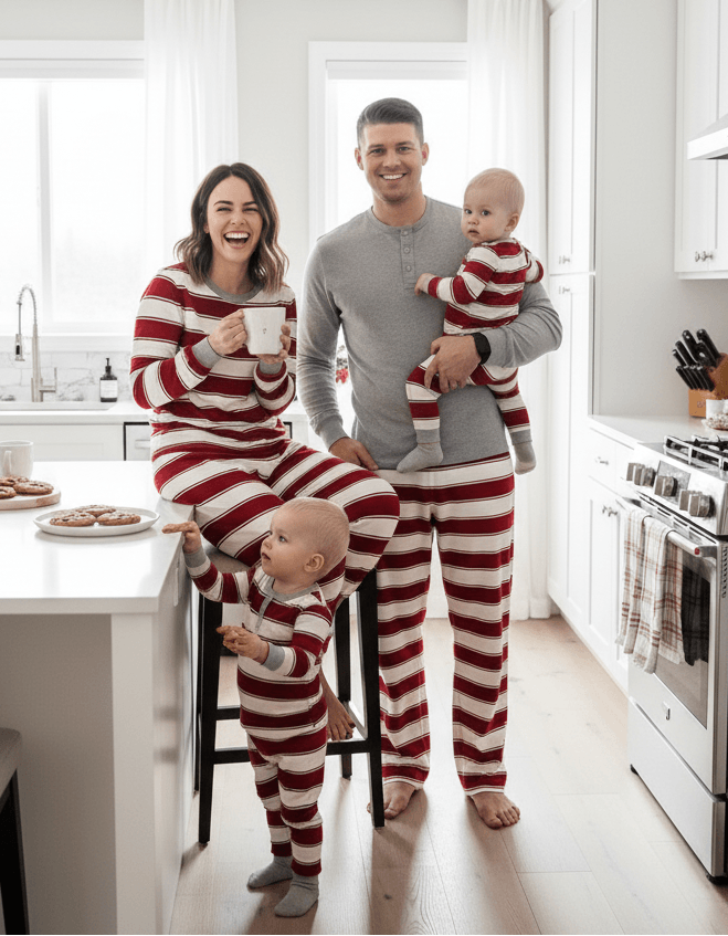 Red and white striped family matching Christmas pajamas with gray cuffs - view 6