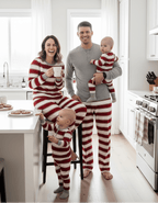 Red and white striped family matching Christmas pajamas with gray cuffs - view 6