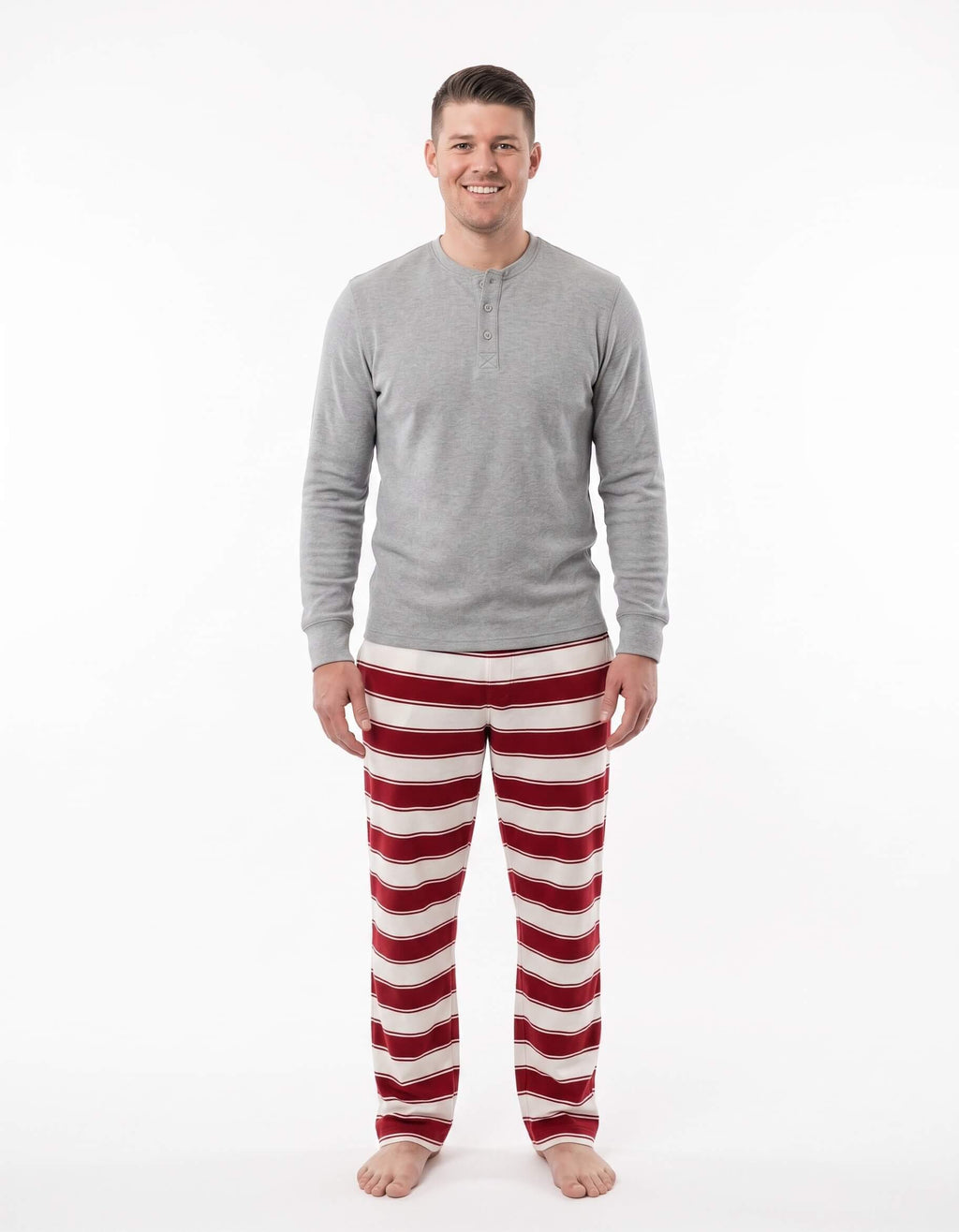 Red and white striped family matching Christmas pajamas with gray cuffs - view 8