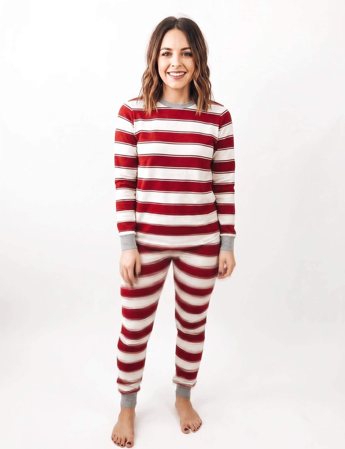 Red and white striped family matching Christmas pajamas with gray cuffs - view 9