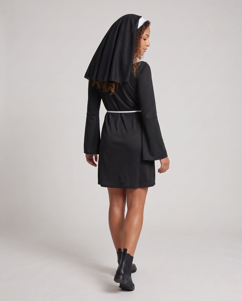 Women's black nun Halloween costume mini dress with white bib collar, bell sleeves and tie belt - view 3