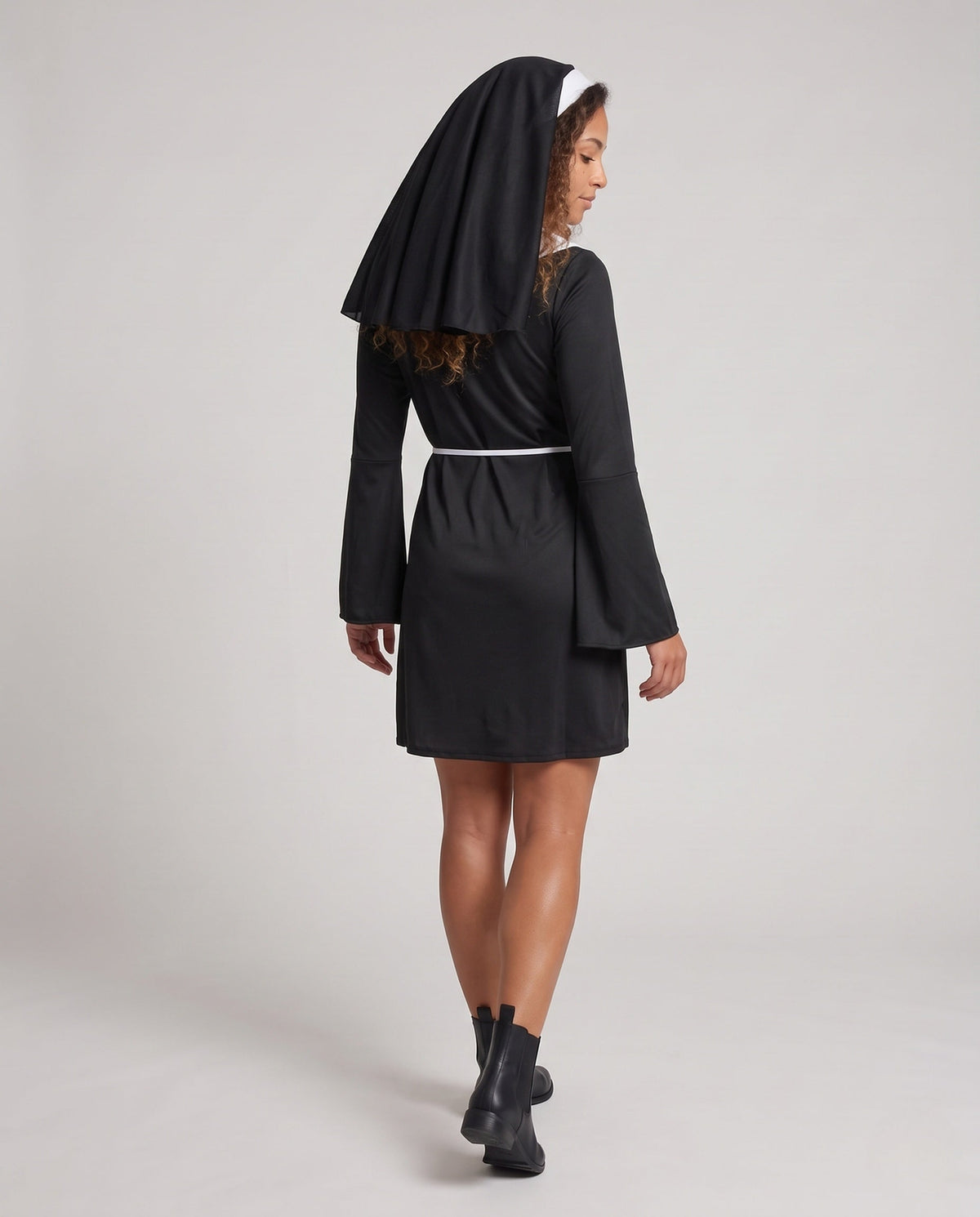 Women's black nun Halloween costume mini dress with white bib collar, bell sleeves and tie belt - view 3