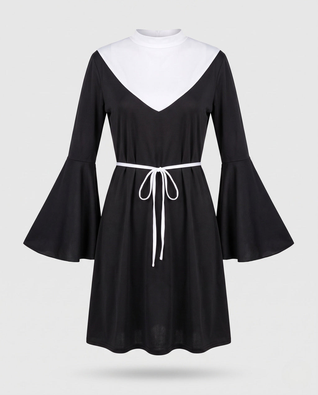 Women's black nun Halloween costume mini dress with white bib collar, bell sleeves and tie belt - view 4