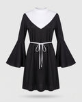 Women's black nun Halloween costume mini dress with white bib collar, bell sleeves and tie belt - view 4