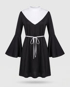 Women's black nun Halloween costume mini dress with white bib collar, bell sleeves and tie belt - view 4