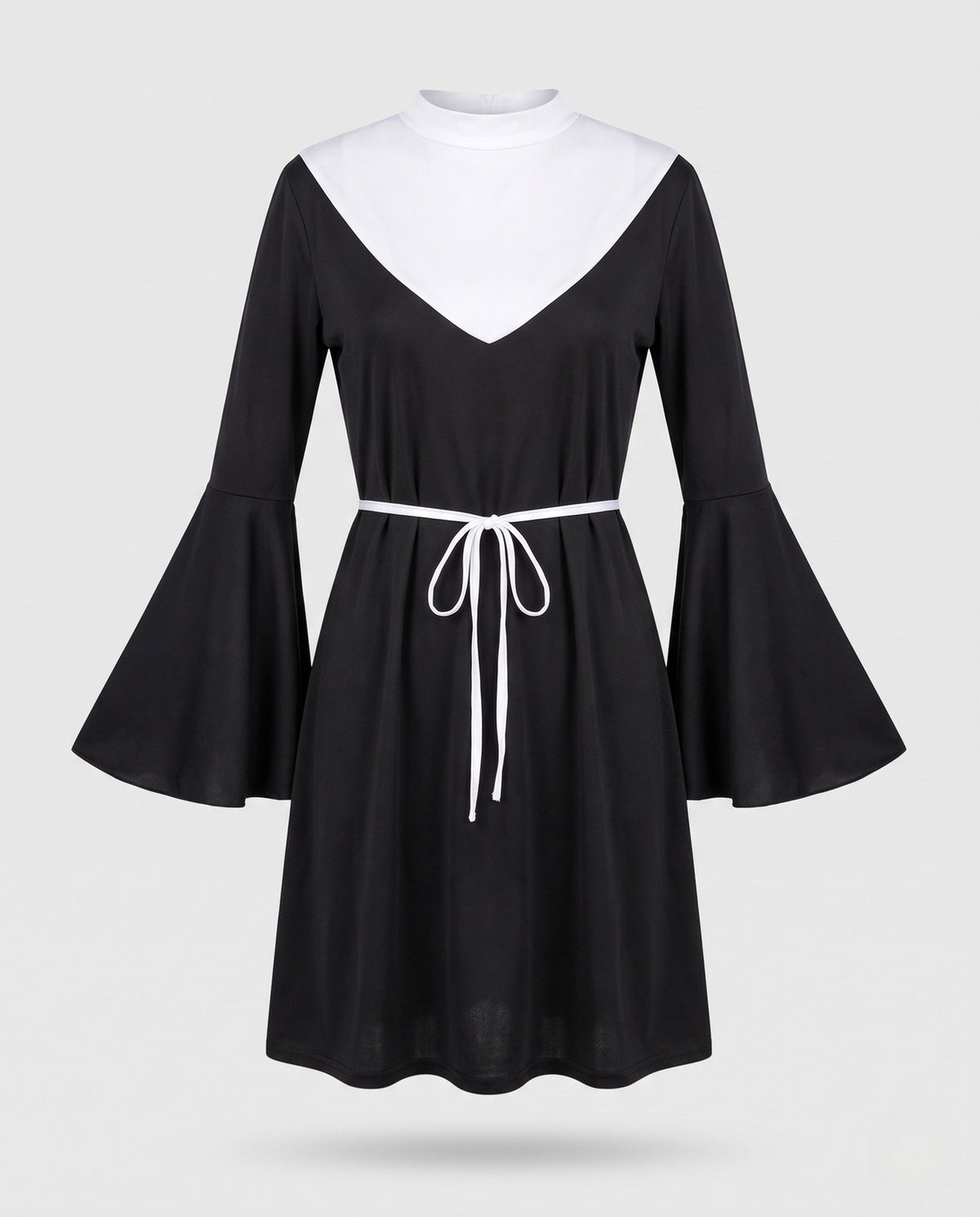 Women's black nun Halloween costume mini dress with white bib collar, bell sleeves and tie belt - view 4