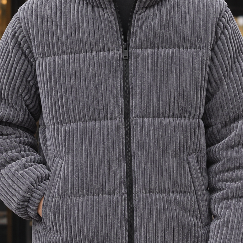 Padded corduroy jacket for men with quilted panels and high zip collar - view 2