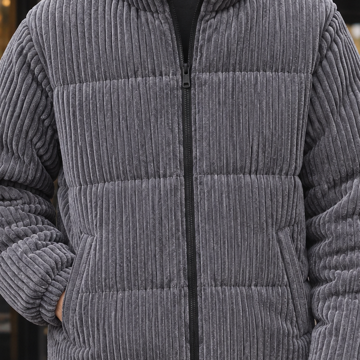 Padded corduroy jacket for men with quilted panels and high zip collar - view 2