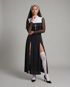 Women's black nun Halloween costume dress with white mock neck, sheer mesh sleeves and high front slits