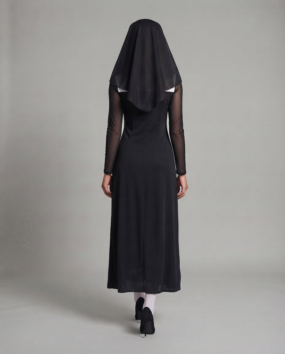 Women's black nun Halloween costume dress with white mock neck, sheer mesh sleeves and high front slits - view 3