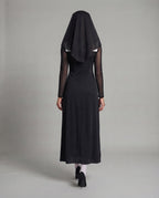 Women's black nun Halloween costume dress with white mock neck, sheer mesh sleeves and high front slits - view 3