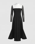 Women's black nun Halloween costume dress with white mock neck, sheer mesh sleeves and high front slits - view 4