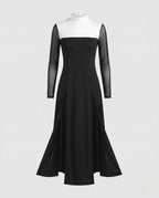 Women's black nun Halloween costume dress with white mock neck, sheer mesh sleeves and high front slits - view 4