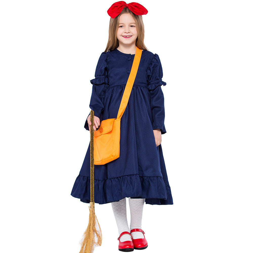 Girl wearing navy witch costume dress with puffed ruffle sleeves and ruffle hem - view 2