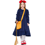 Girl wearing navy witch costume dress with puffed ruffle sleeves and ruffle hem - view 2