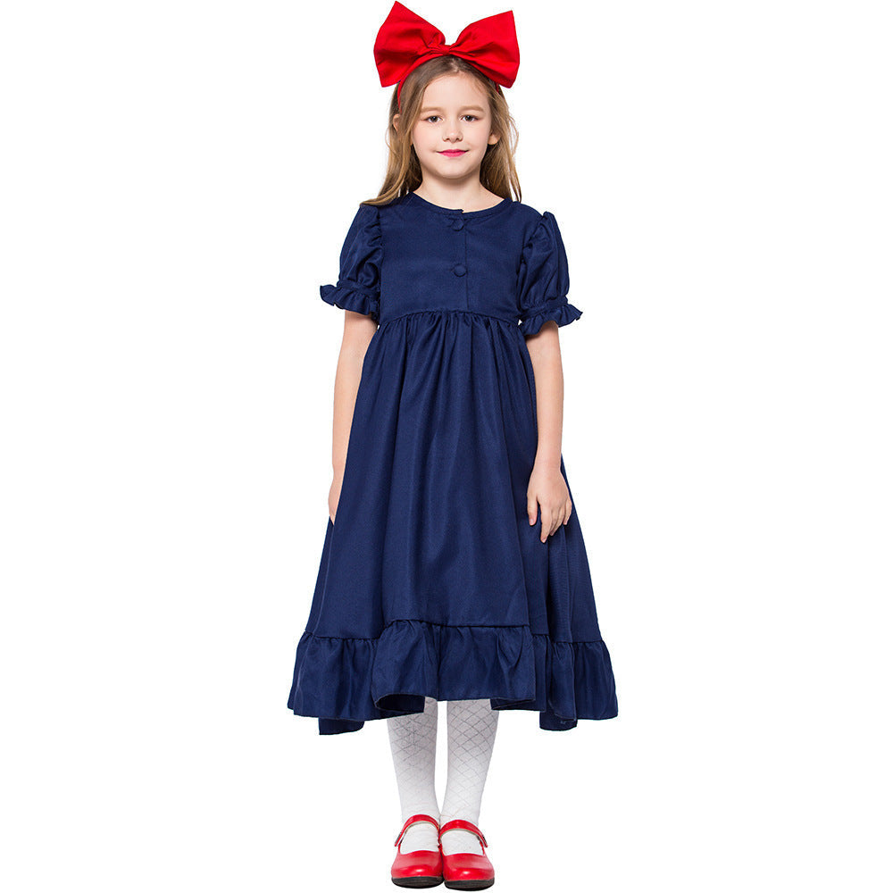 Girl wearing navy witch costume dress with puffed ruffle sleeves and ruffle hem - view 4