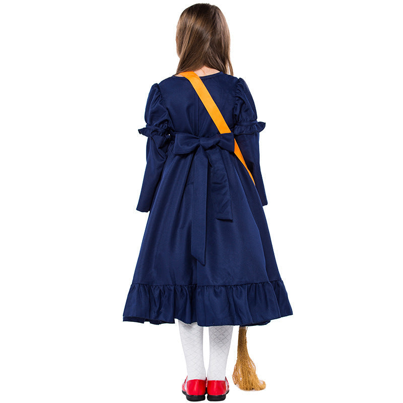 Girl wearing navy witch costume dress with puffed ruffle sleeves and ruffle hem - view 5
