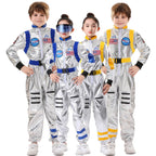 Kids silver metallic astronaut costume jumpsuit with contrast belt and space patches