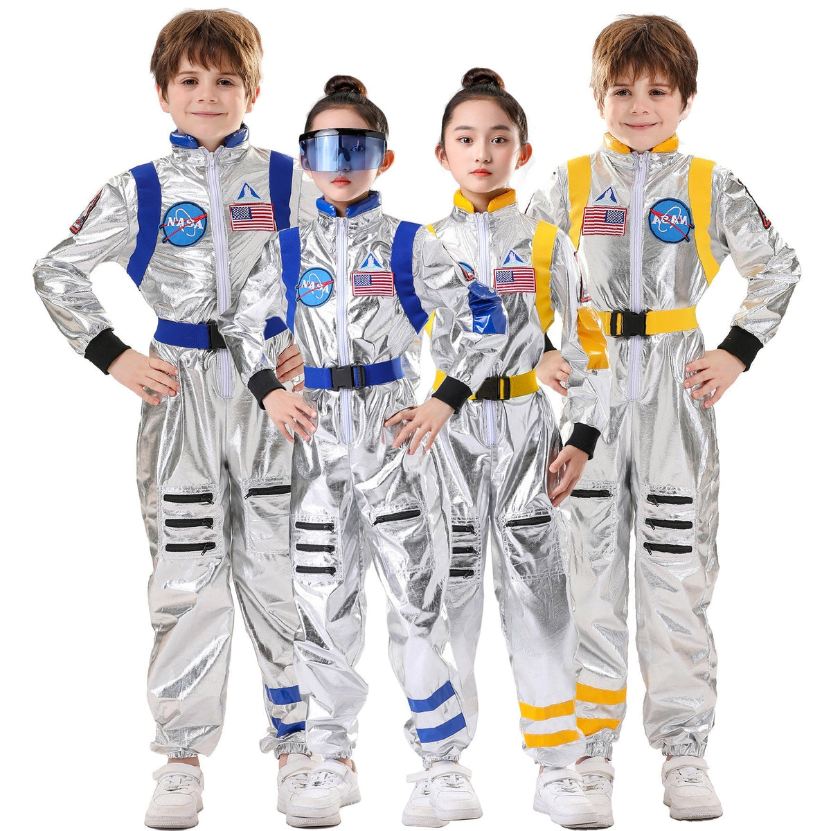 Kids silver metallic astronaut costume jumpsuit with contrast belt and space patches