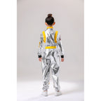 Kids silver metallic astronaut costume jumpsuit with contrast belt and space patches - view 2