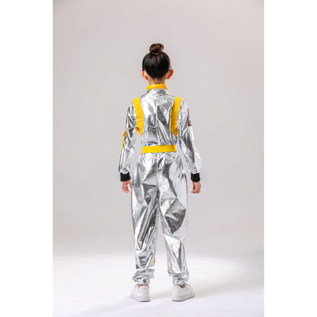 Kids silver metallic astronaut costume jumpsuit with contrast belt and space patches - view 2