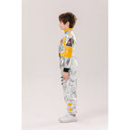 Kids silver metallic astronaut costume jumpsuit with contrast belt and space patches - view 3