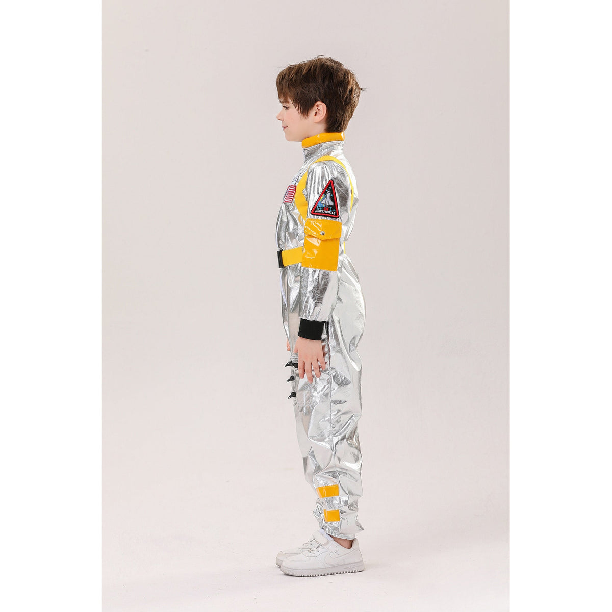 Kids silver metallic astronaut costume jumpsuit with contrast belt and space patches - view 3