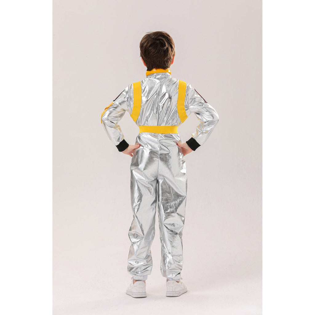 Kids silver metallic astronaut costume jumpsuit with contrast belt and space patches - view 4