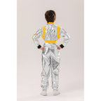 Kids silver metallic astronaut costume jumpsuit with contrast belt and space patches - view 4