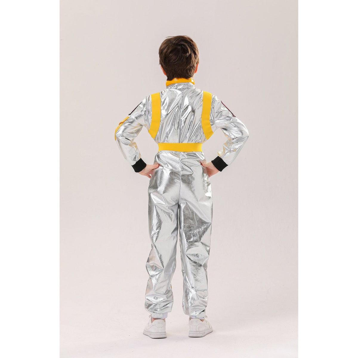 Kids silver metallic astronaut costume jumpsuit with contrast belt and space patches - view 4