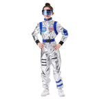 Kids silver metallic astronaut costume jumpsuit with contrast belt and space patches - view 5