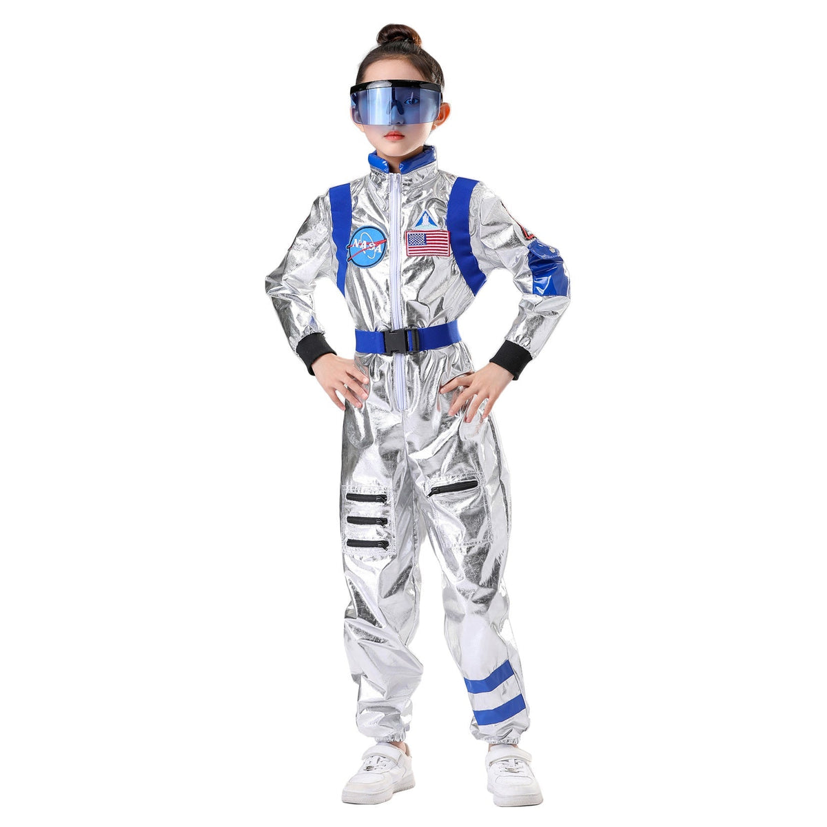 Kids silver metallic astronaut costume jumpsuit with contrast belt and space patches - view 6