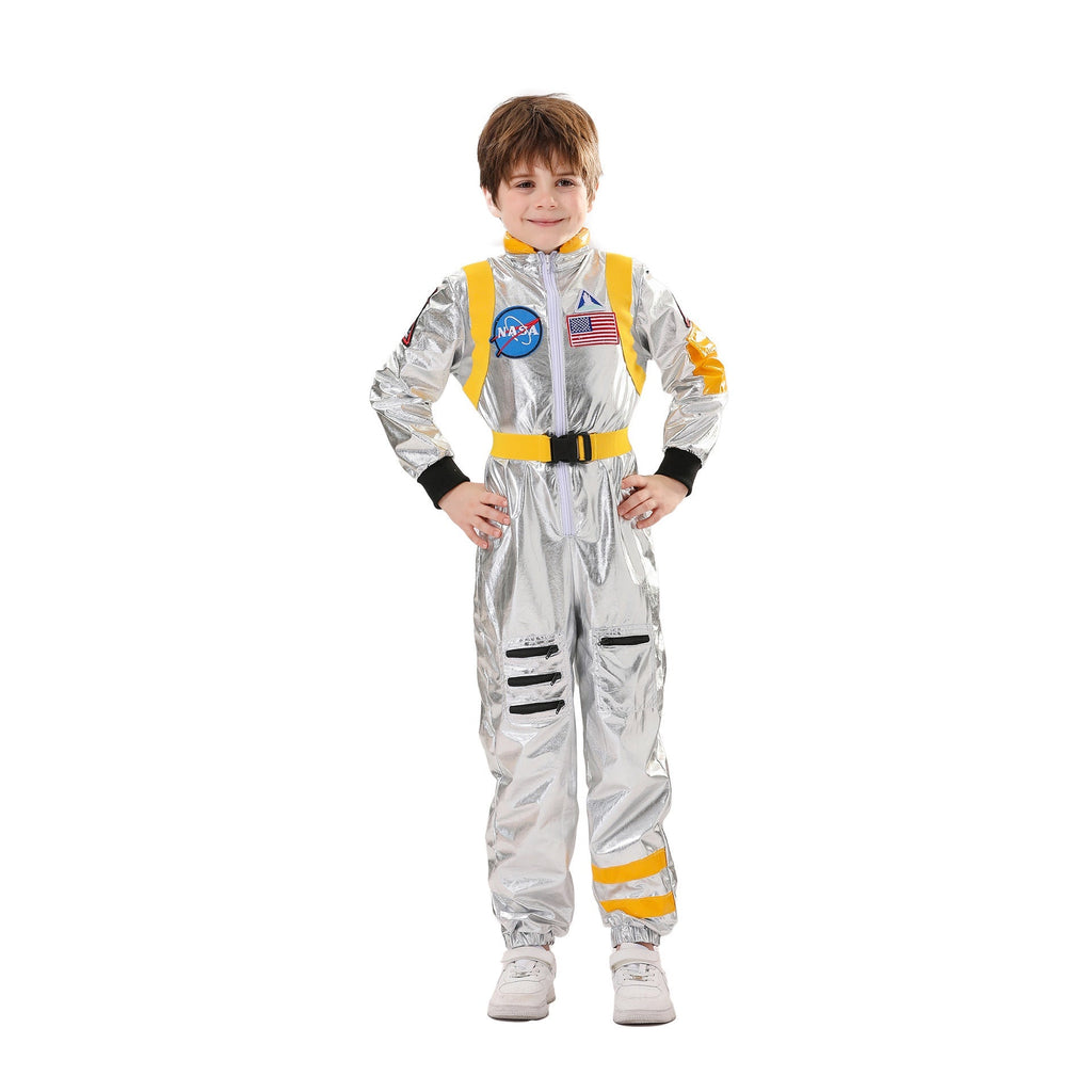 Kids silver metallic astronaut costume jumpsuit with contrast belt and space patches - view 8