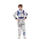 Kids silver metallic astronaut costume jumpsuit with contrast belt and space patches - view 9