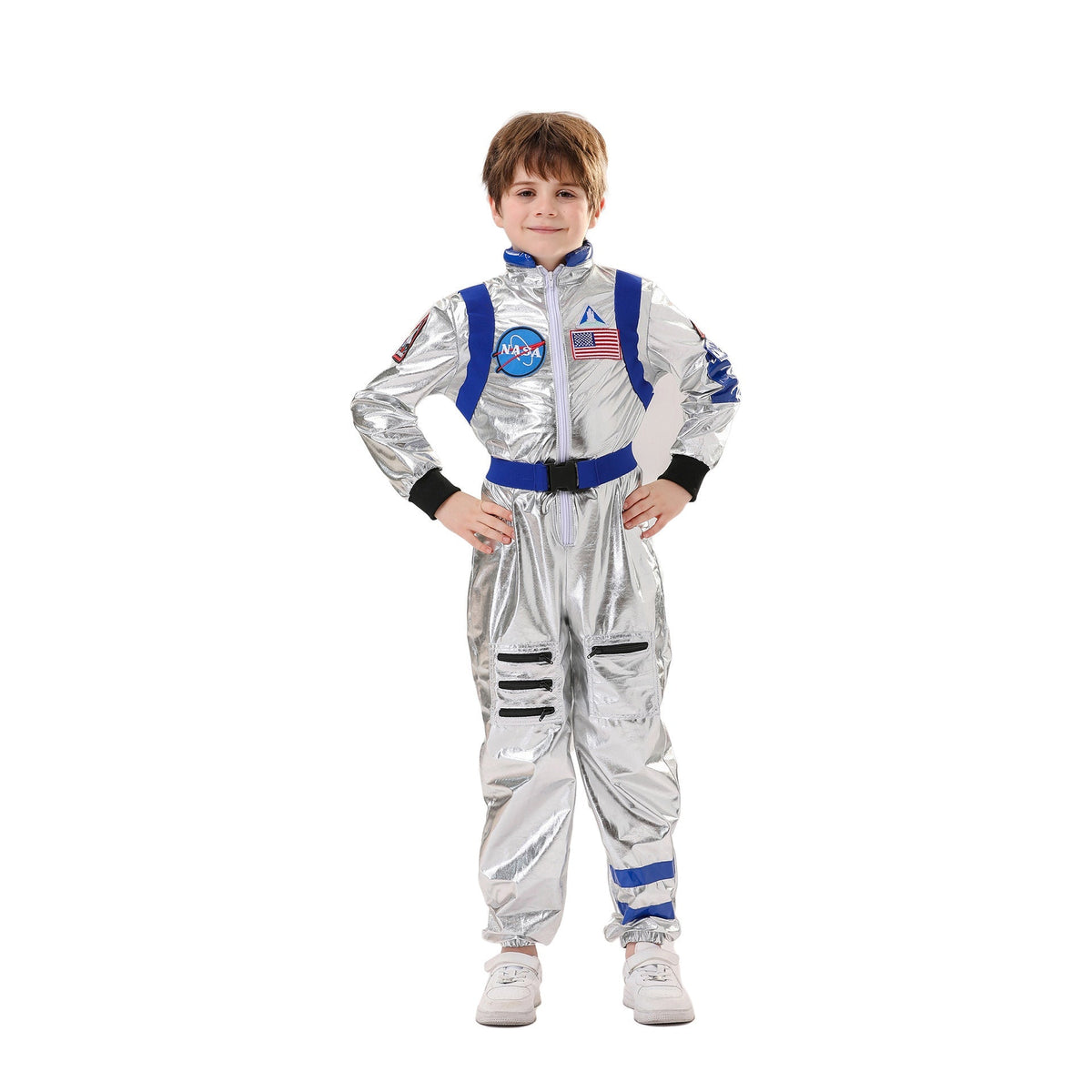 Kids silver metallic astronaut costume jumpsuit with contrast belt and space patches - view 9