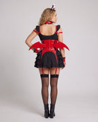 Women's gothic Halloween costume with ruffled mini dress, patent-look corset belt, harness straps and bat wings - view 3