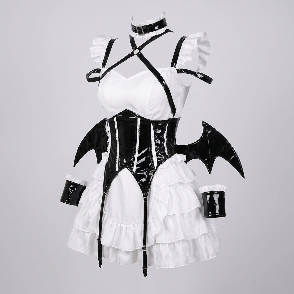 Women's gothic Halloween costume with ruffled mini dress, patent-look corset belt, harness straps and bat wings - view 4