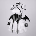 Women's gothic Halloween costume with ruffled mini dress, patent-look corset belt, harness straps and bat wings - view 4