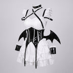 Women's gothic Halloween costume with ruffled mini dress, patent-look corset belt, harness straps and bat wings - view 4