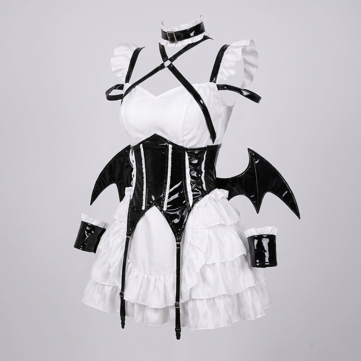 Women's gothic Halloween costume with ruffled mini dress, patent-look corset belt, harness straps and bat wings - view 4