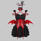 Women's gothic Halloween costume with ruffled mini dress, patent-look corset belt, harness straps and bat wings - view 6