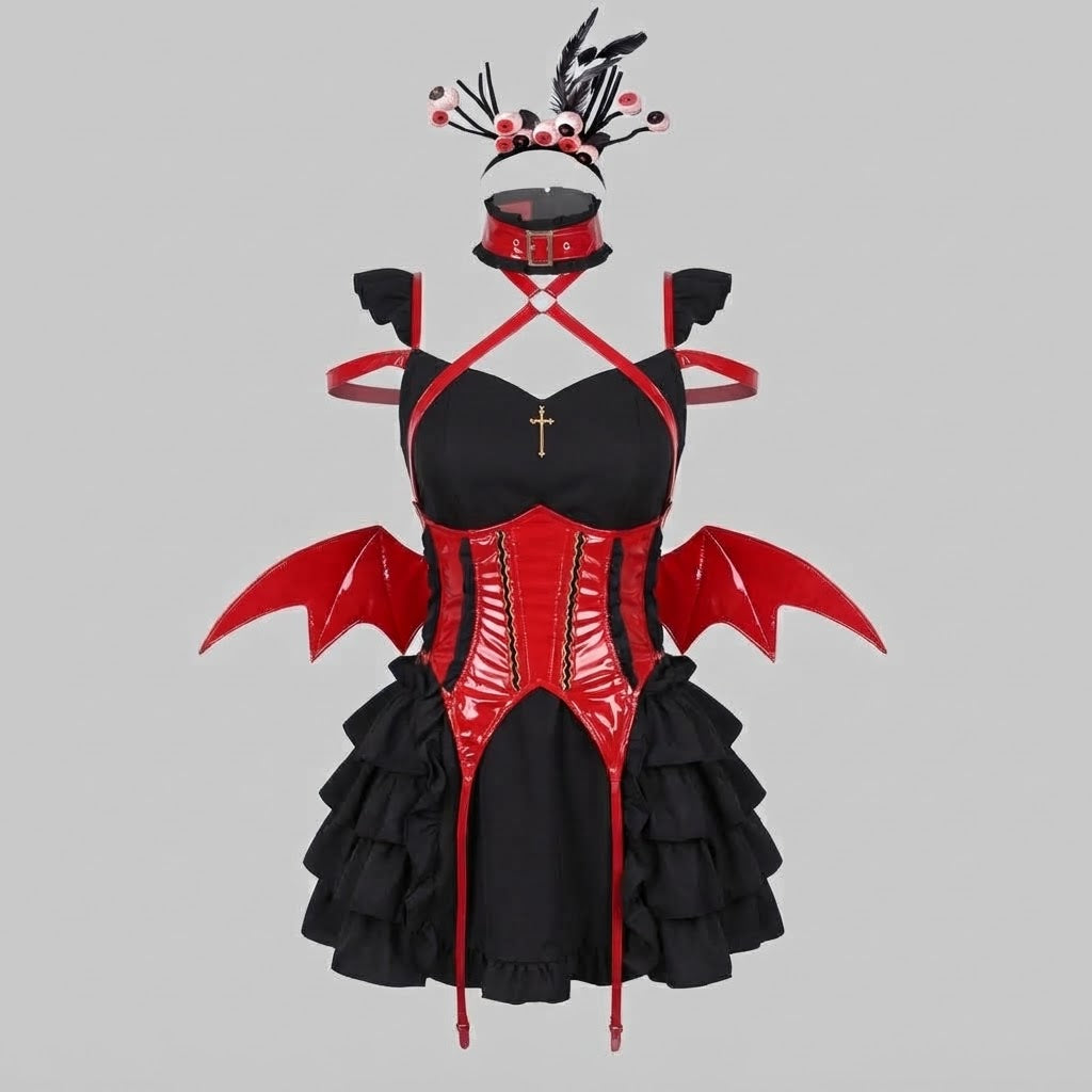 Women's gothic Halloween costume with ruffled mini dress, patent-look corset belt, harness straps and bat wings - view 6