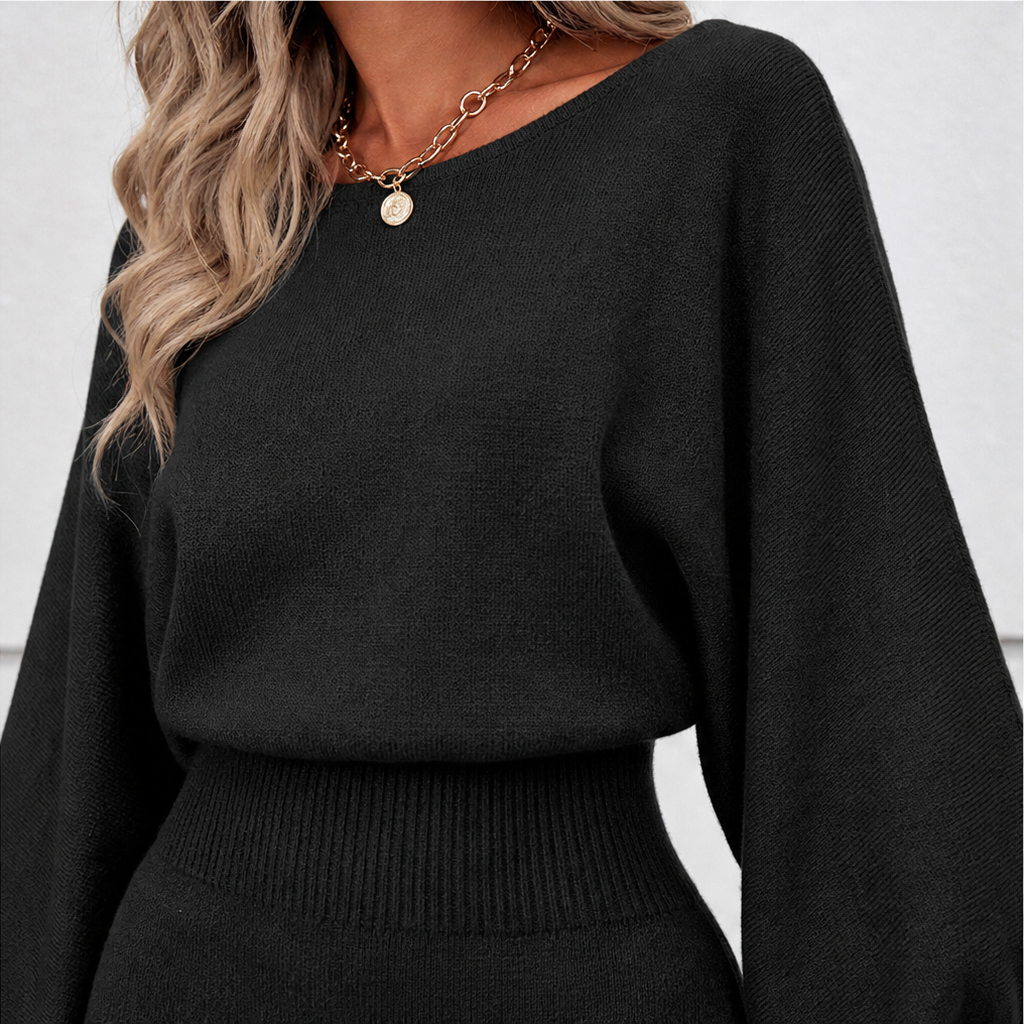 Balloon sleeve sweater top and matching pencil midi skirt worn on a city street - view 10