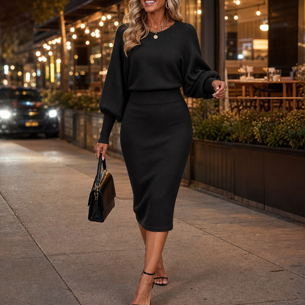 Balloon sleeve sweater top and matching pencil midi skirt worn on a city street - view 2