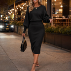 Balloon sleeve sweater top and matching pencil midi skirt worn on a city street - view 2