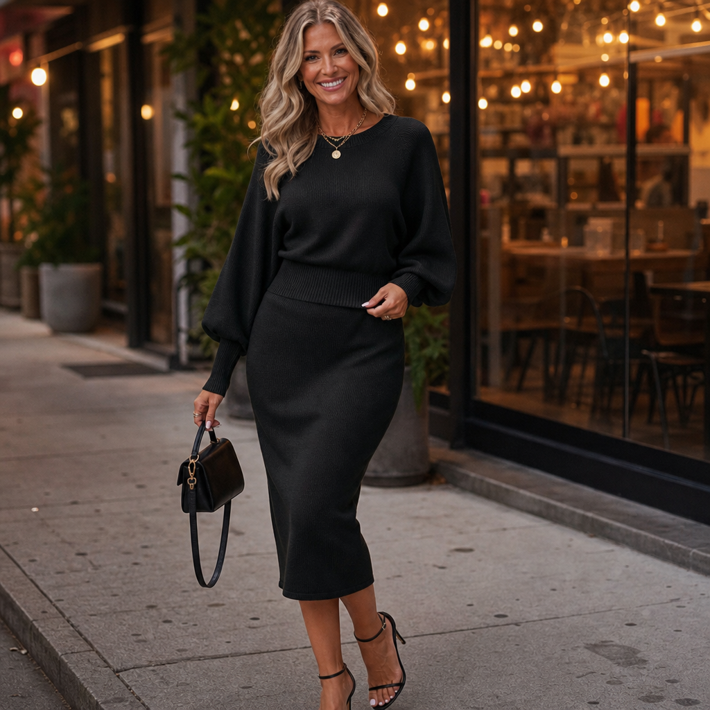 Balloon sleeve sweater top and matching pencil midi skirt worn on a city street - view 3