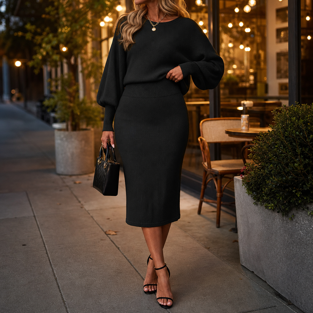 Balloon sleeve sweater top and matching pencil midi skirt worn on a city street - view 5