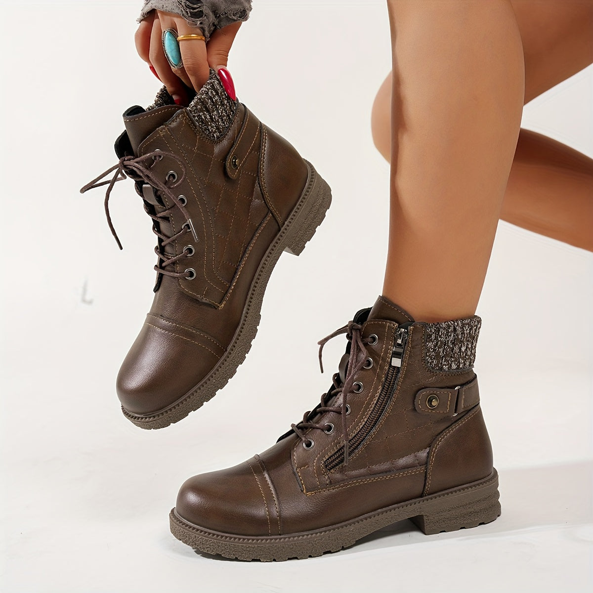 Odele | Embroidered Western Ankle Boots with Knit Collar